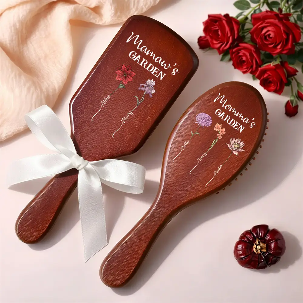 Birth Flowers Grandma's Garden - Personalized Wooden Hair Brush - Image 2