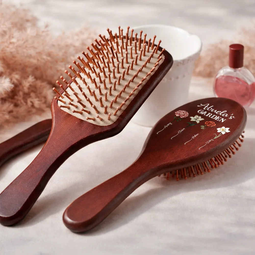 Birth Flowers Grandma's Garden - Personalized Wooden Hair Brush - Image 4