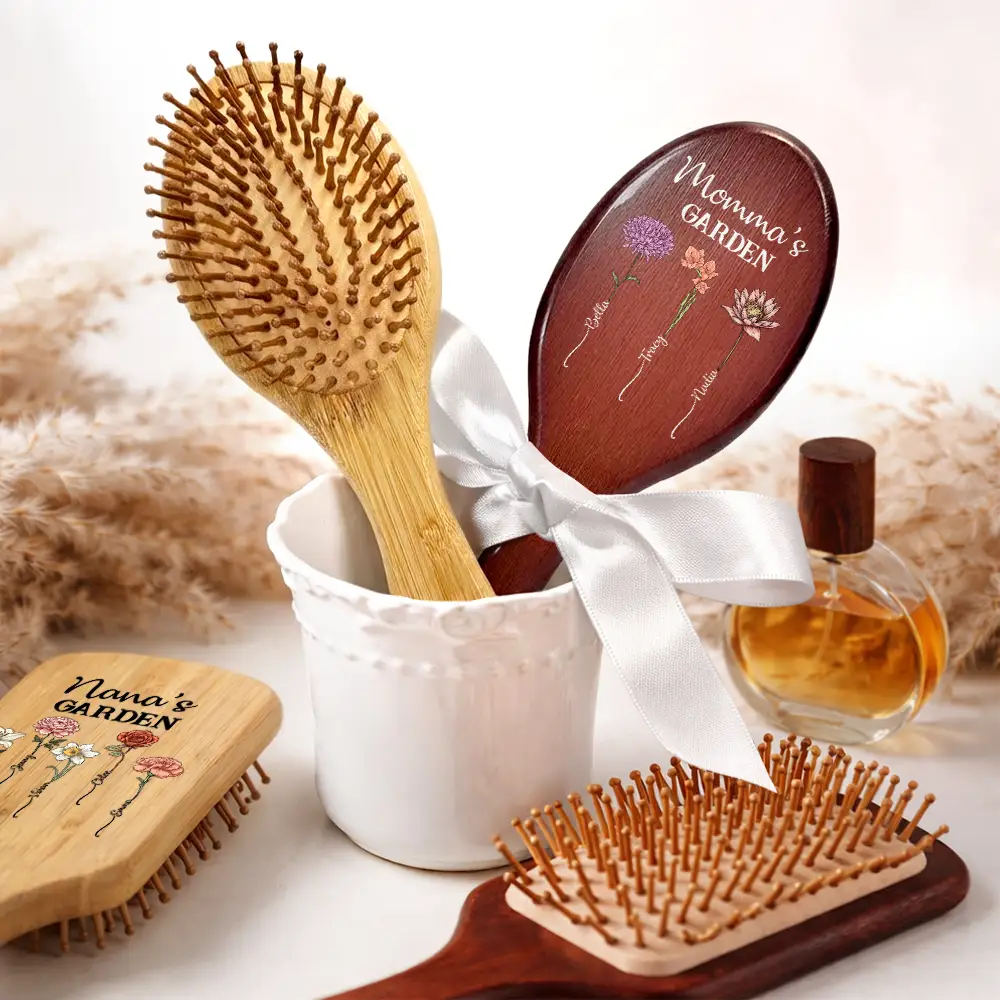 Birth Flowers Grandma's Garden - Personalized Wooden Hair Brush - Image 5