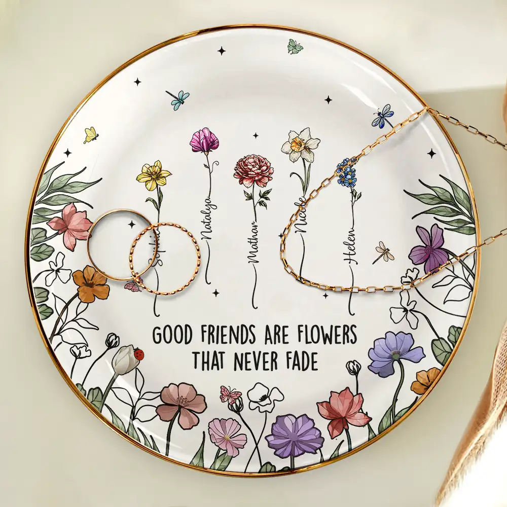 Birth Flowers Grow An Old Friend - Personalized Round Ring Dish - Image 4