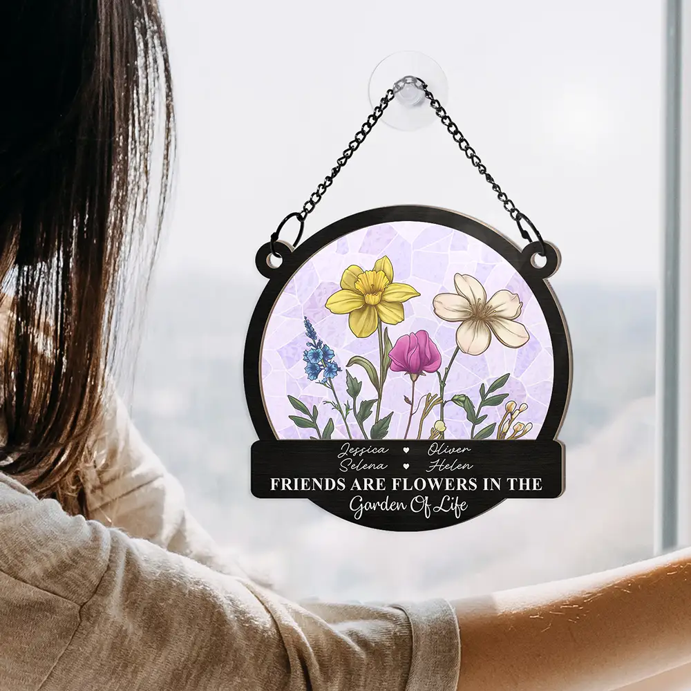 Birth Flowers Grow An Old Friend - Personalized Window Hanging Suncatcher Ornament - Image 4