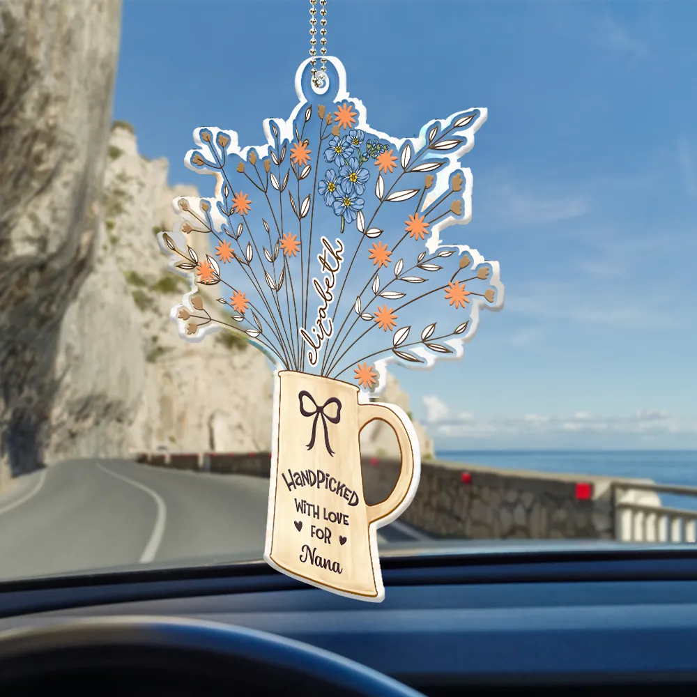 Birth Flowers Handpicked With Love For Mom Mama Nana - Personalized Acrylic Car Hanger - Image 2