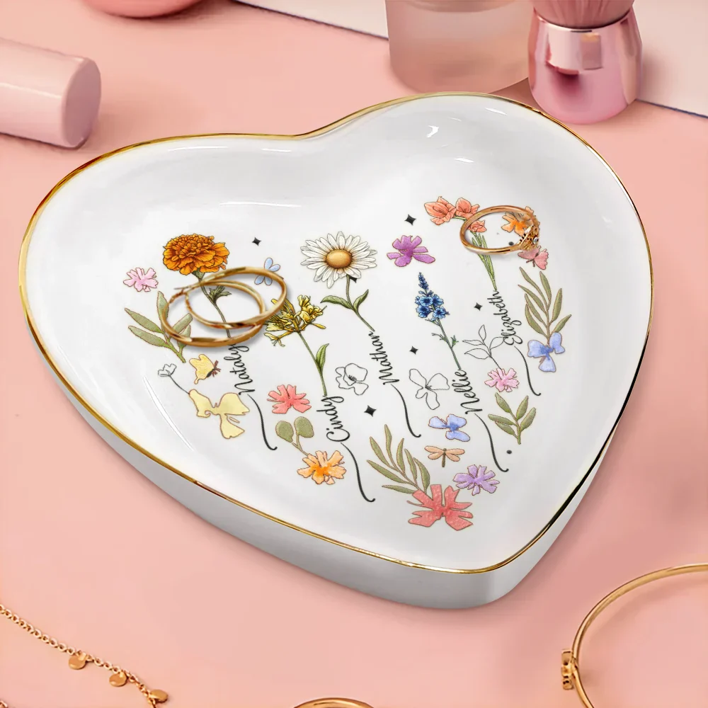 Birth Flowers In Bloom For Besties, Sisters, Mother, Grandma - Personalized Heart Ring Dish - Image 3