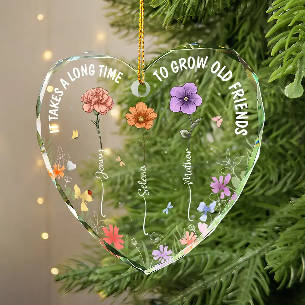 Birth Flowers Very Old Friends - Personalized Heart Shaped Glass Ornament - Image 2