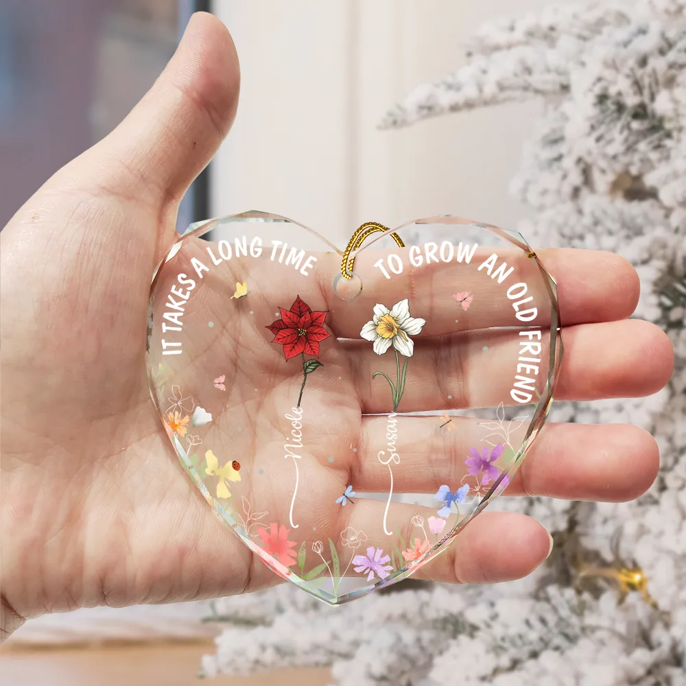 Birth Flowers Very Old Friends - Personalized Heart Shaped Glass Ornament - Image 3