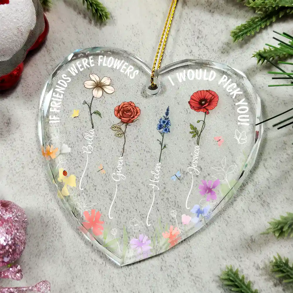 Birth Flowers Very Old Friends - Personalized Heart Shaped Glass Ornament - Image 4