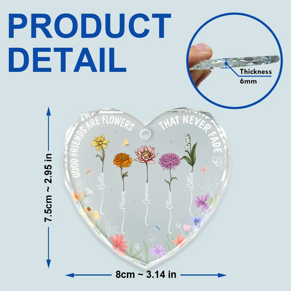 Birth Flowers Very Old Friends - Personalized Heart Shaped Glass Ornament - Image 5