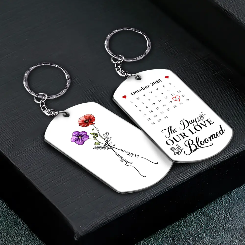 Birth Flowers With Calendar Our Love Bloomed - Personalized Aluminum Keychain - Image 2