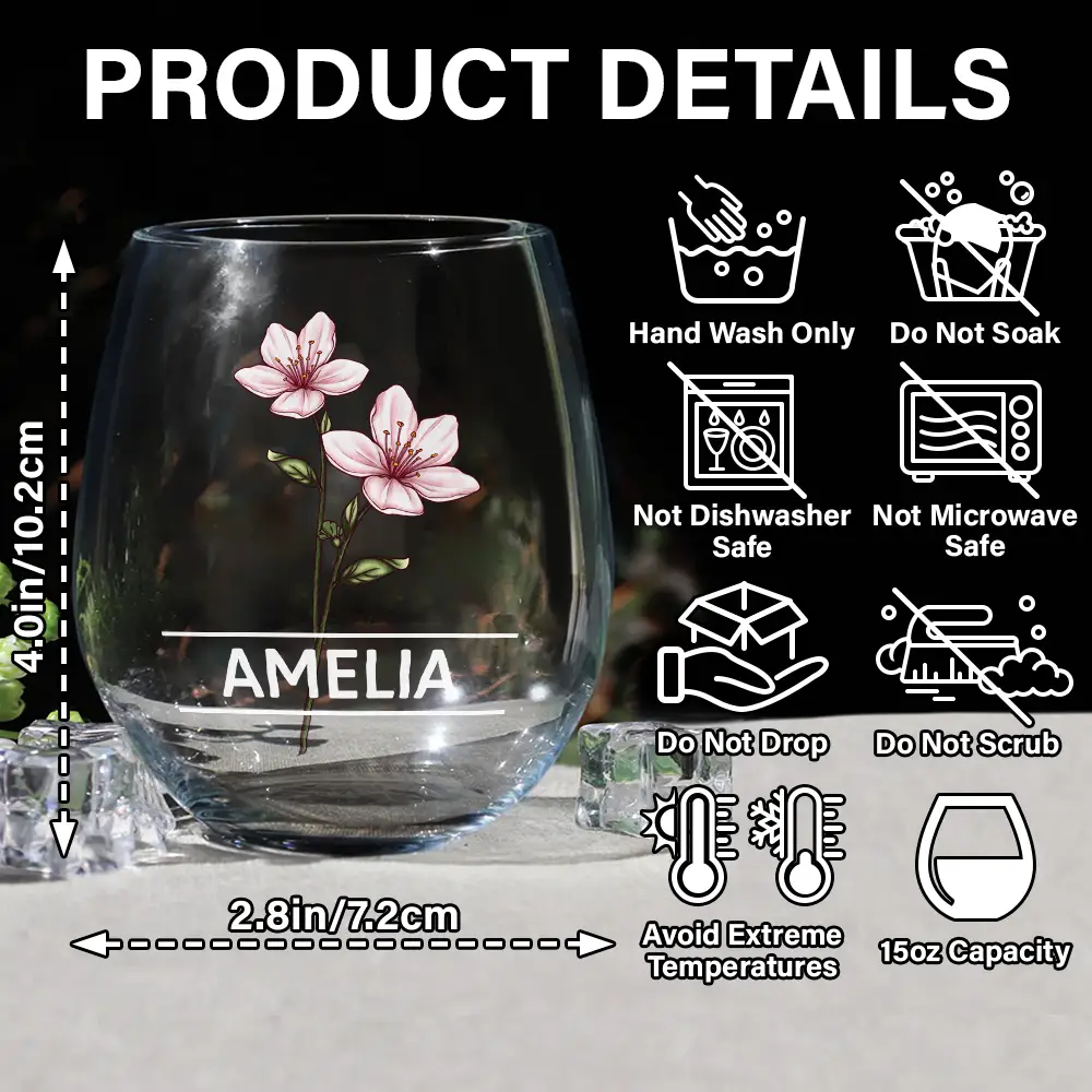 Birth Flowers Woman - Personalized Stemless Wine Glass - Image 5