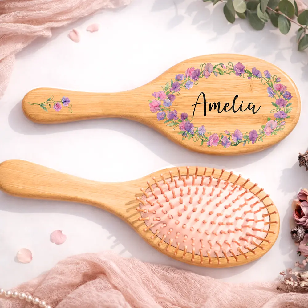 Birth Flowers Women Girl Bestie Sister Mom - Personalized Wooden Hair Brush - Image 2