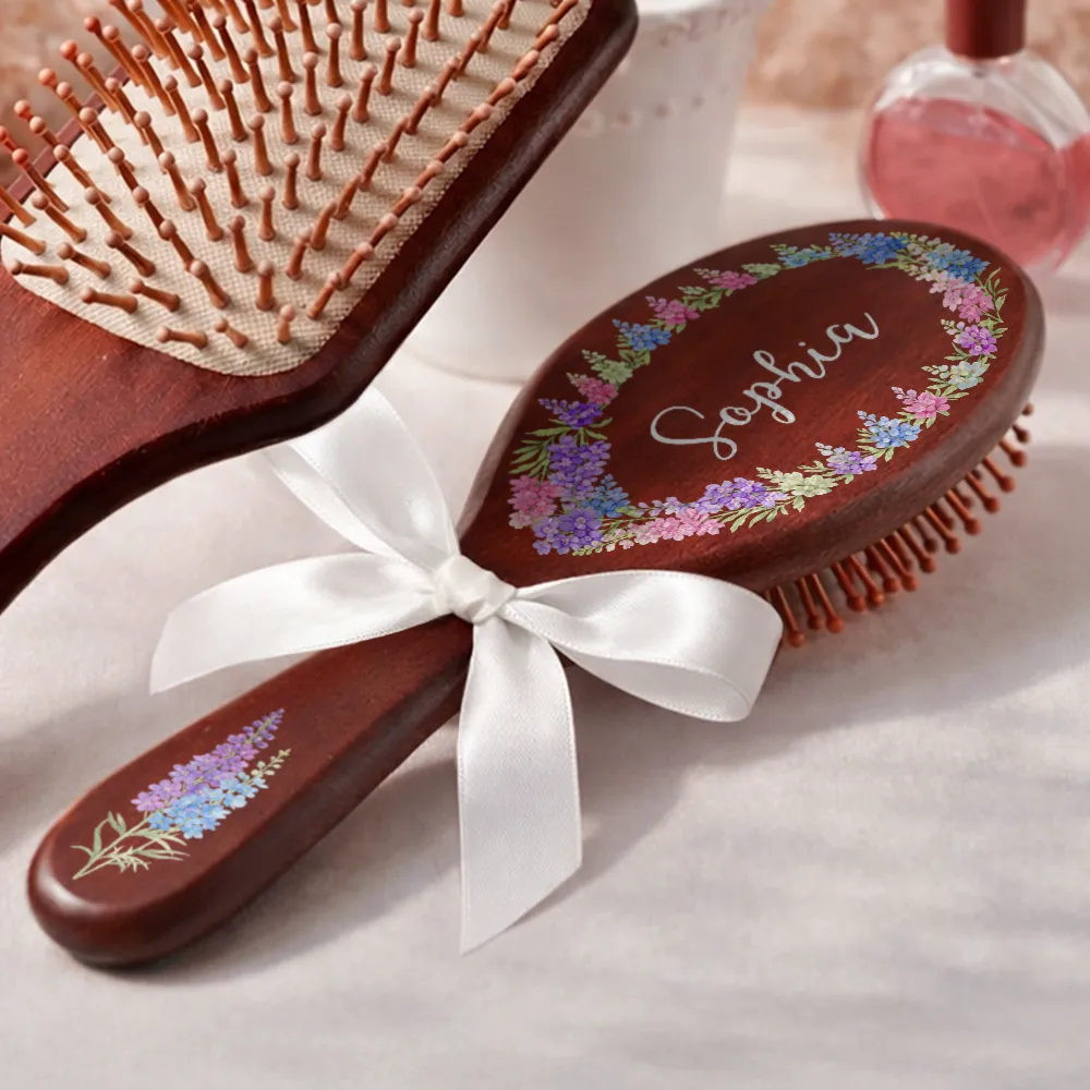 Birth Flowers Women Girl Bestie Sister Mom - Personalized Wooden Hair Brush - Image 4