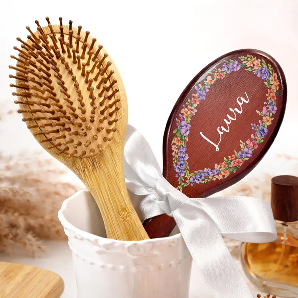 Birth Flowers Women Girl Bestie Sister Mom - Personalized Wooden Hair Brush - Image 5