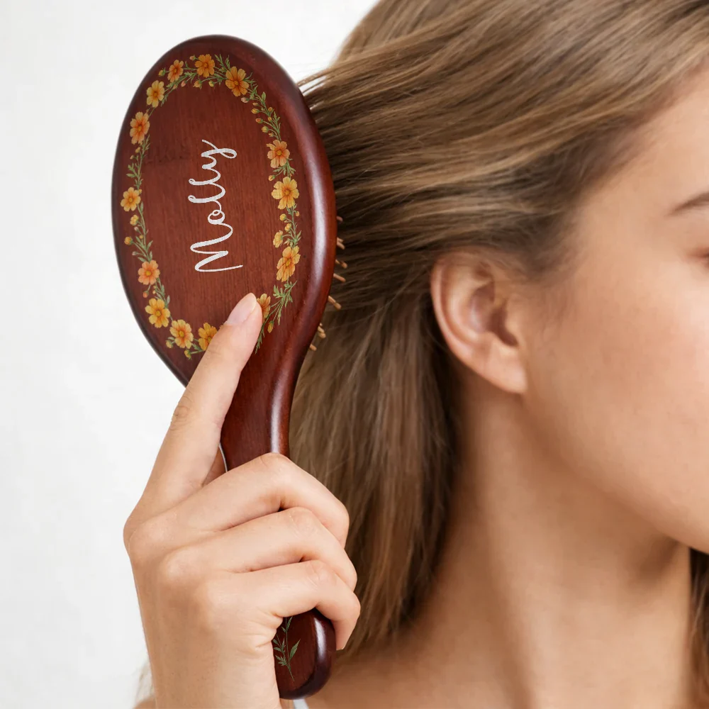 Birth Flowers Women Girl Bestie Sister Mom - Personalized Wooden Hair Brush - Image 6