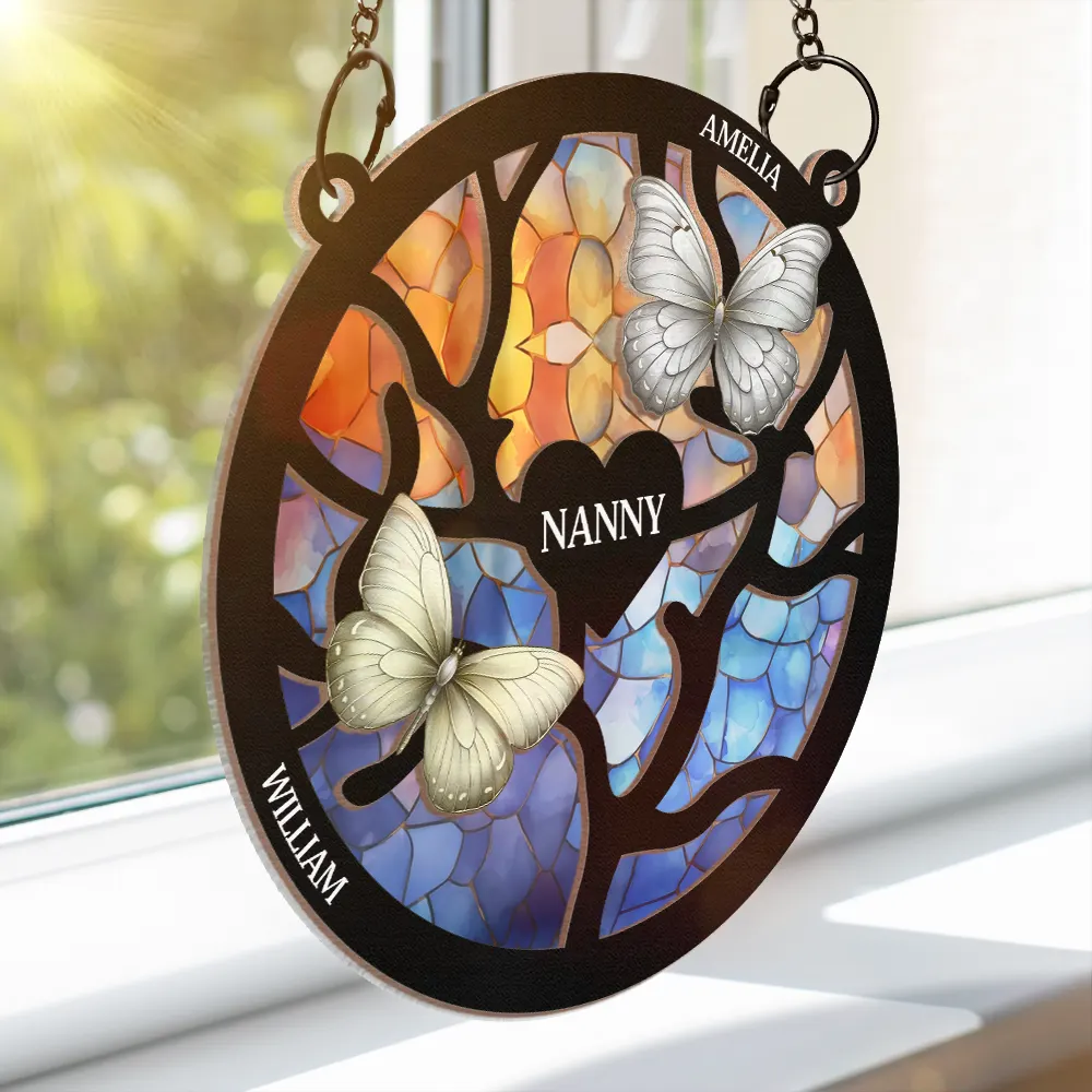 Birth Month Butterflies Nana Mom - Personalized Window Hanging Suncatcher Ornament - Image 3