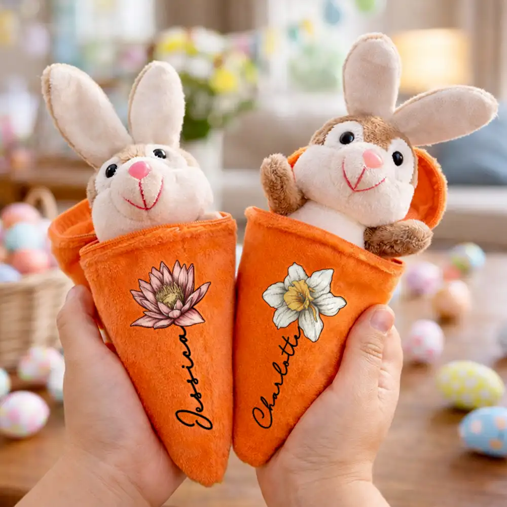 Birth Month Flower And Name - Personalized Plush Reversible Carrot Bunny Keychain - Image 3