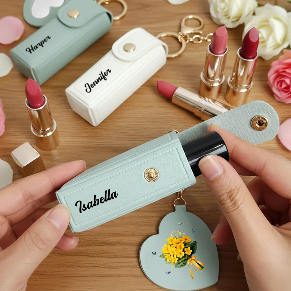 Birth Month Flower Bouquet With Name - Personalized Leather Lipstick Case Keychain With Mirror - Image 2