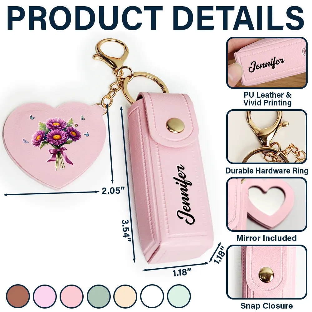 Birth Month Flower Bouquet With Name - Personalized Leather Lipstick Case Keychain With Mirror - Image 5