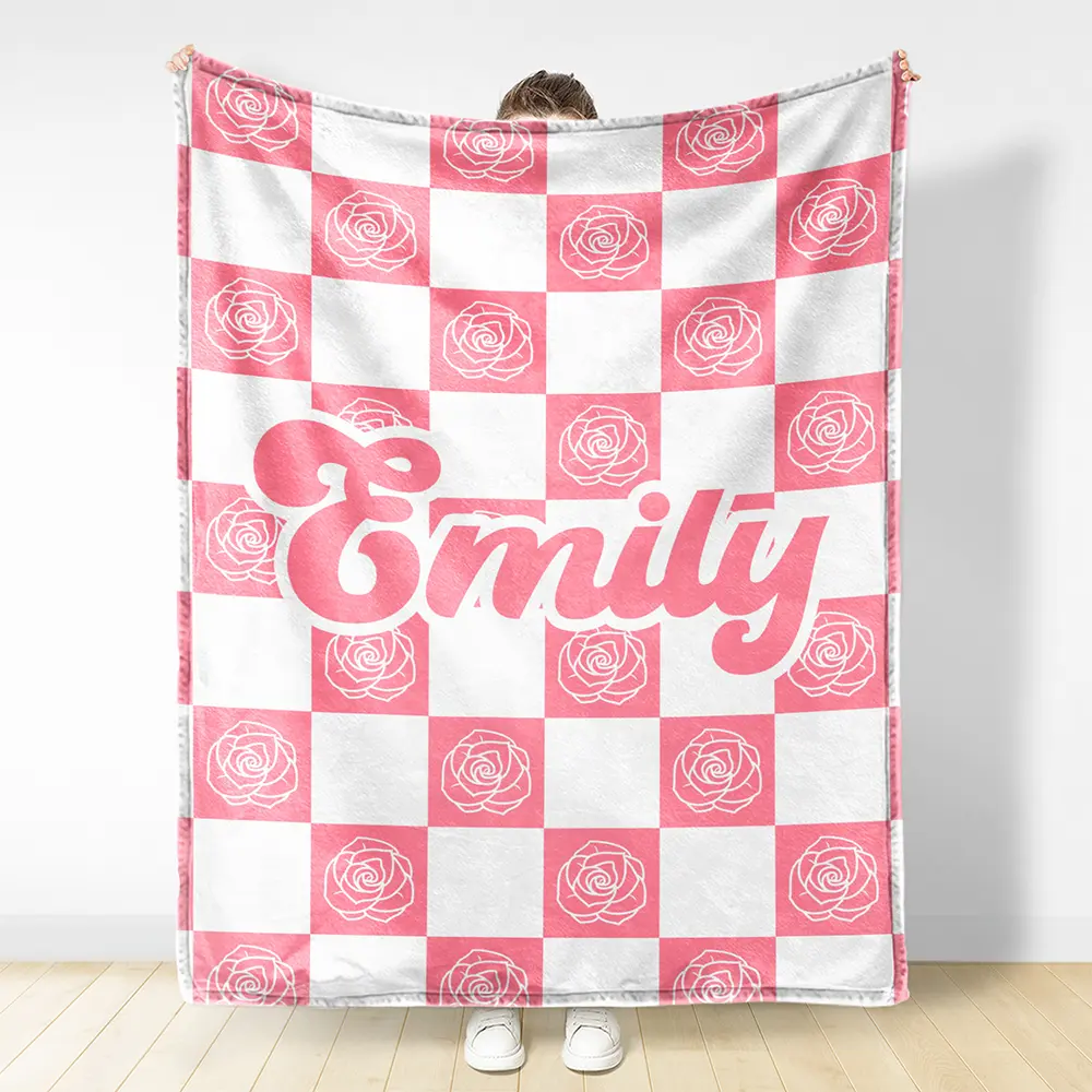 Birth Month Flower Checkered Pattern - Personalized Fleece Blanket, Sherpa Blanket - Image 3