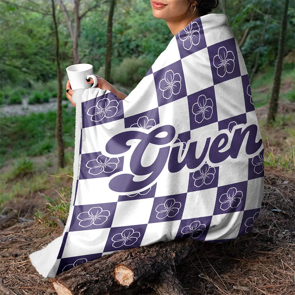 Birth Month Flower Checkered Pattern - Personalized Fleece Blanket, Sherpa Blanket - Image 5