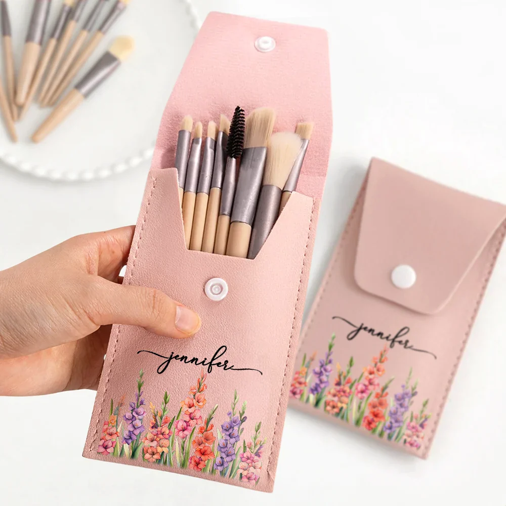 Birth Month Flower Filed & Name - Personalized Makeup Brush Bag Set - Image 2