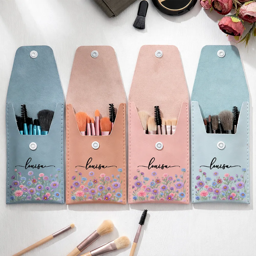 Birth Month Flower Filed & Name - Personalized Makeup Brush Bag Set - Image 3