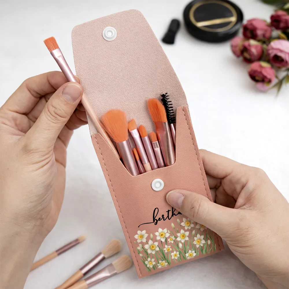 Birth Month Flower Filed & Name - Personalized Makeup Brush Bag Set - Image 4