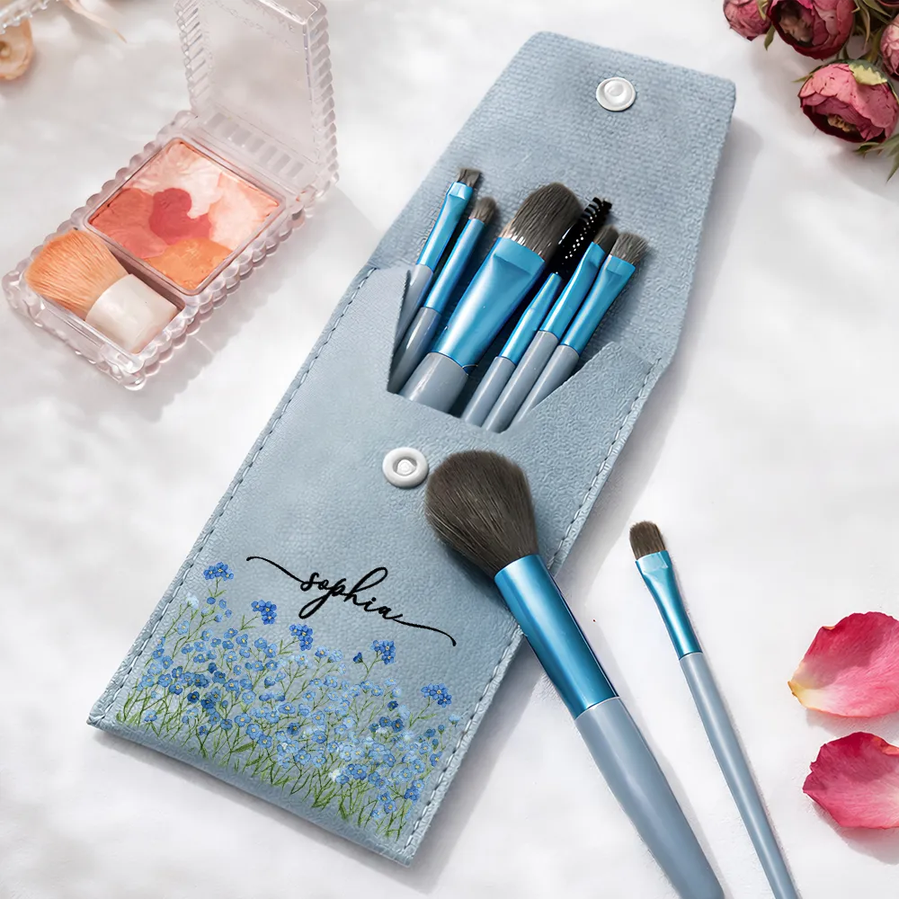 Birth Month Flower Filed & Name - Personalized Makeup Brush Bag Set - Image 5