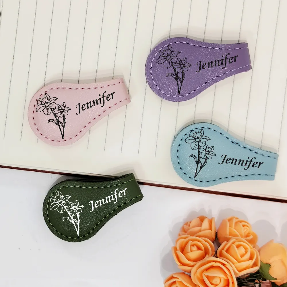 Birth Month Flower & Name - Personalized Circle Leather Magnetic Bookmark - Image 3