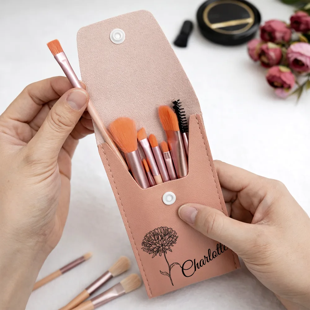 Birth Month Flower & Name - Personalized Makeup Brush Bag Set - Image 4