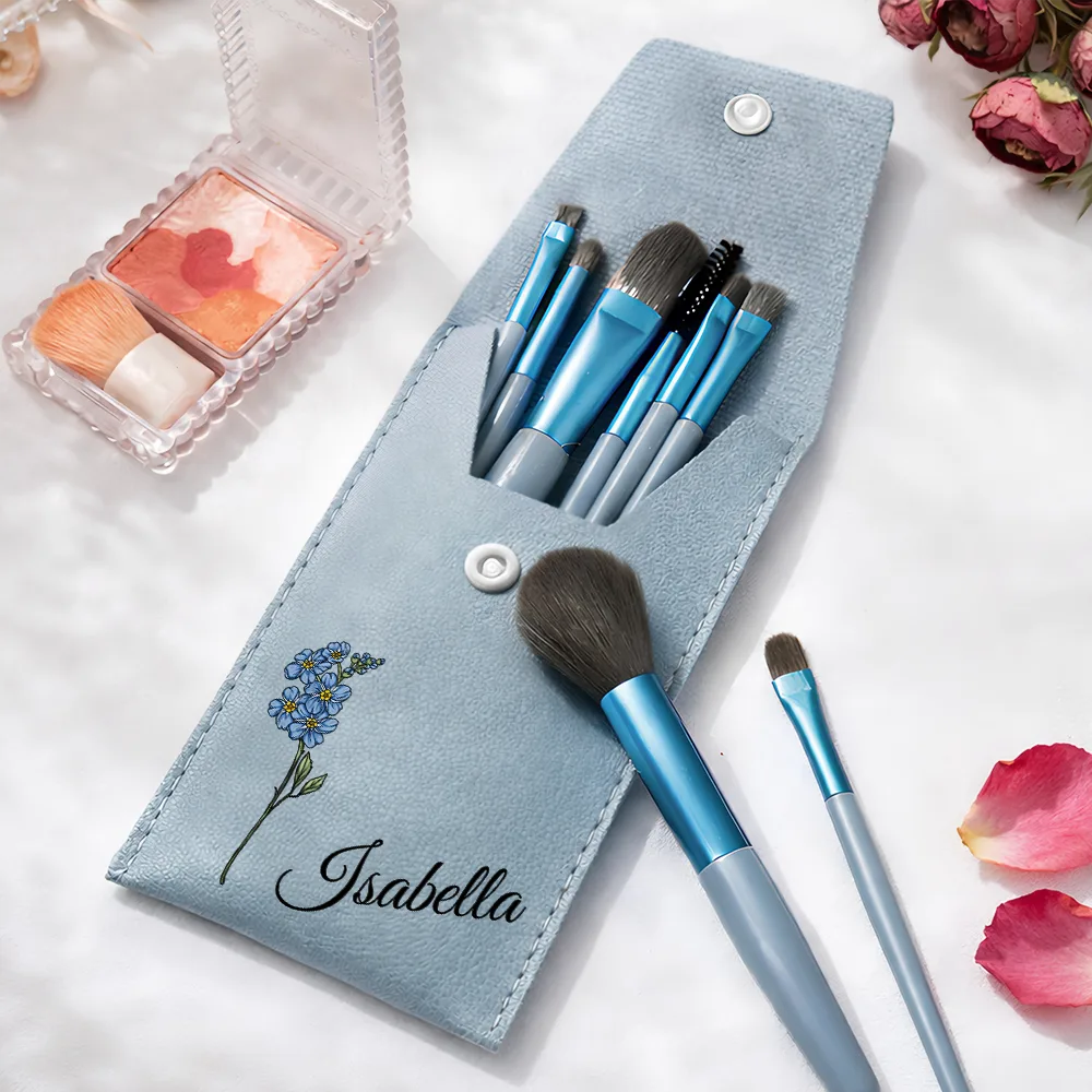 Birth Month Flower & Name - Personalized Makeup Brush Bag Set - Image 5