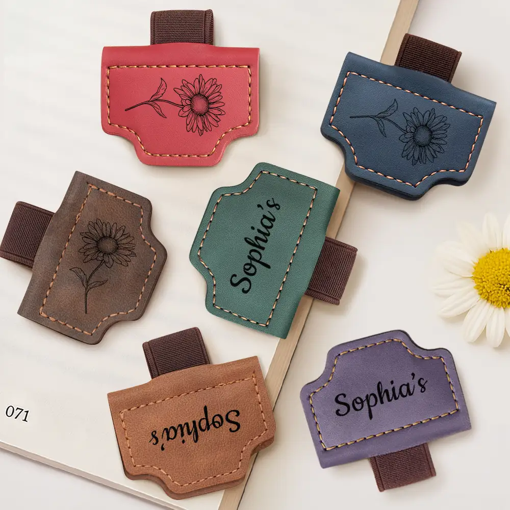 Birth Month Flower Name Sketch - Personalized Magnetic Leather Pen Clip - Image 2