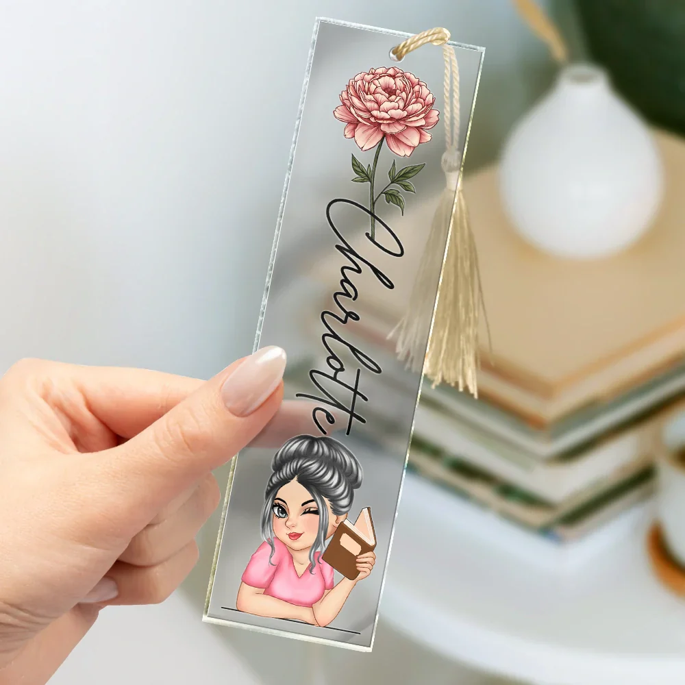 Birth Month Flower Reading Girl - Personalized Acrylic Bookmark - Image 3