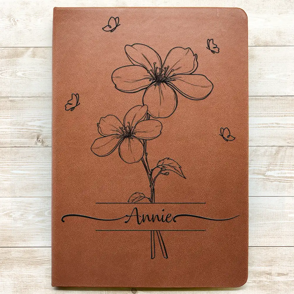 Birth Month Flower Sketch With Custom Name - Personalized Leather Journal - Image 3