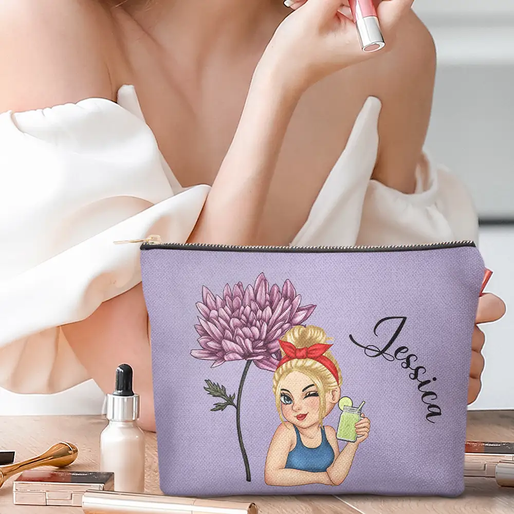 Birth Month Flower Travel Lover - Personalized Cosmetic Bag - Image 2
