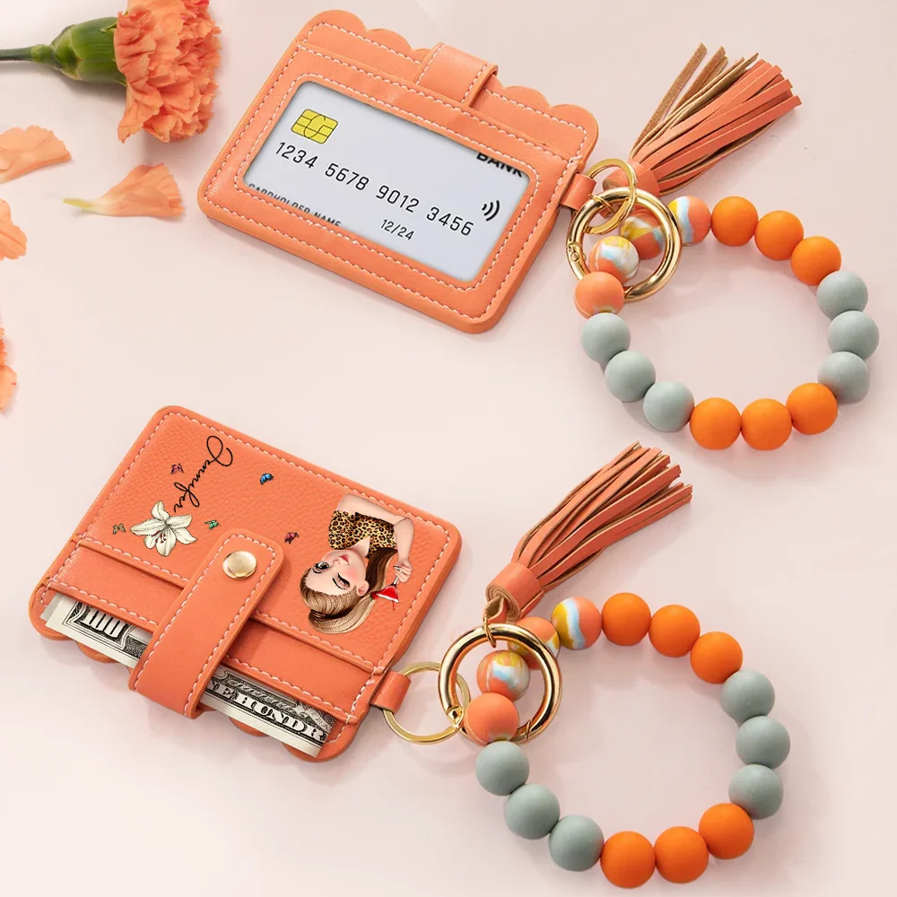Birth Month Flower Turban Woman - Personalized Keychain Wristlet Leather Wallet - Image 3