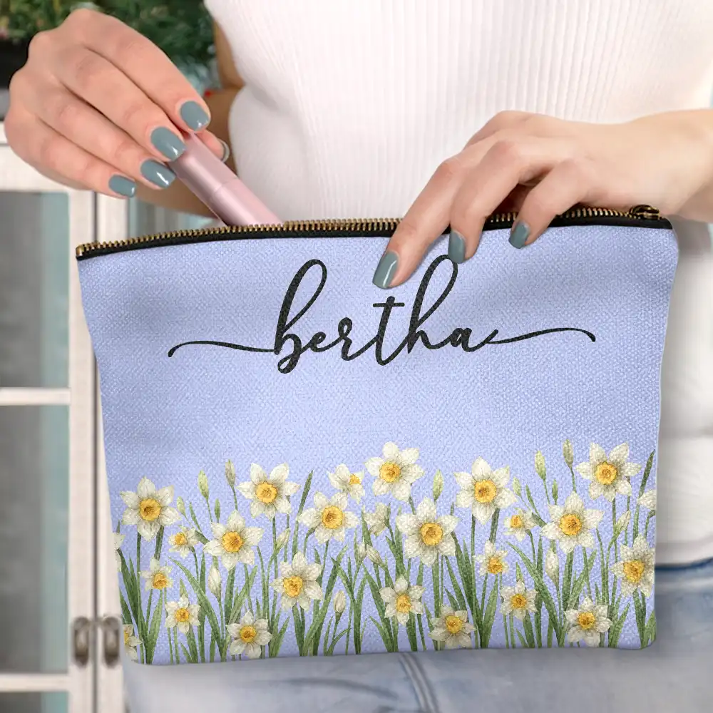 Birth Month Flower Watercolor Blooming In Love - Personalized Cosmetic Bag - Image 3