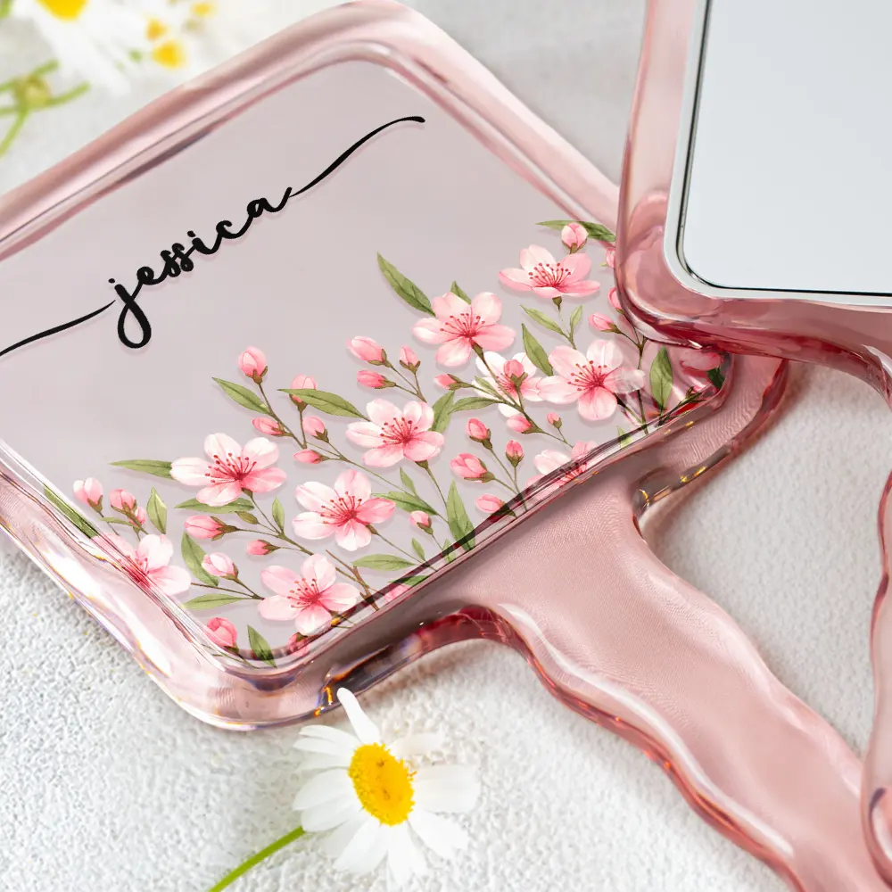 Birth Month Flower Watercolor Blooming In Love - Personalized Handheld Mirror - Image 3