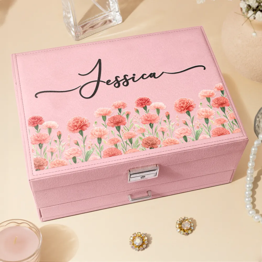 Birth Month Flower Watercolor Blooming In Love - Personalized Jewelry Storage Box - Image 3