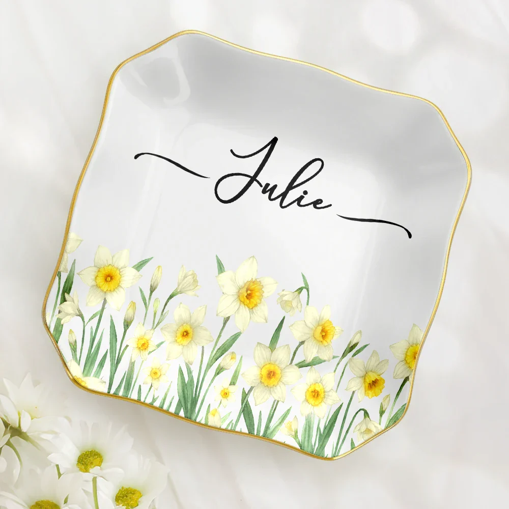 Birth Month Flower Watercolor Blooming In Love - Personalized Lace Square Jewelry Dish - Image 2