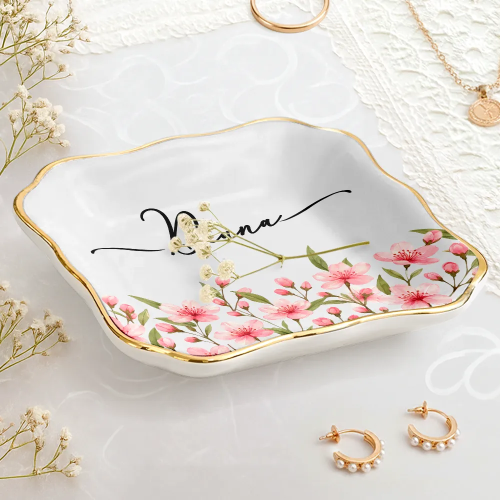 Birth Month Flower Watercolor Blooming In Love - Personalized Lace Square Jewelry Dish - Image 3