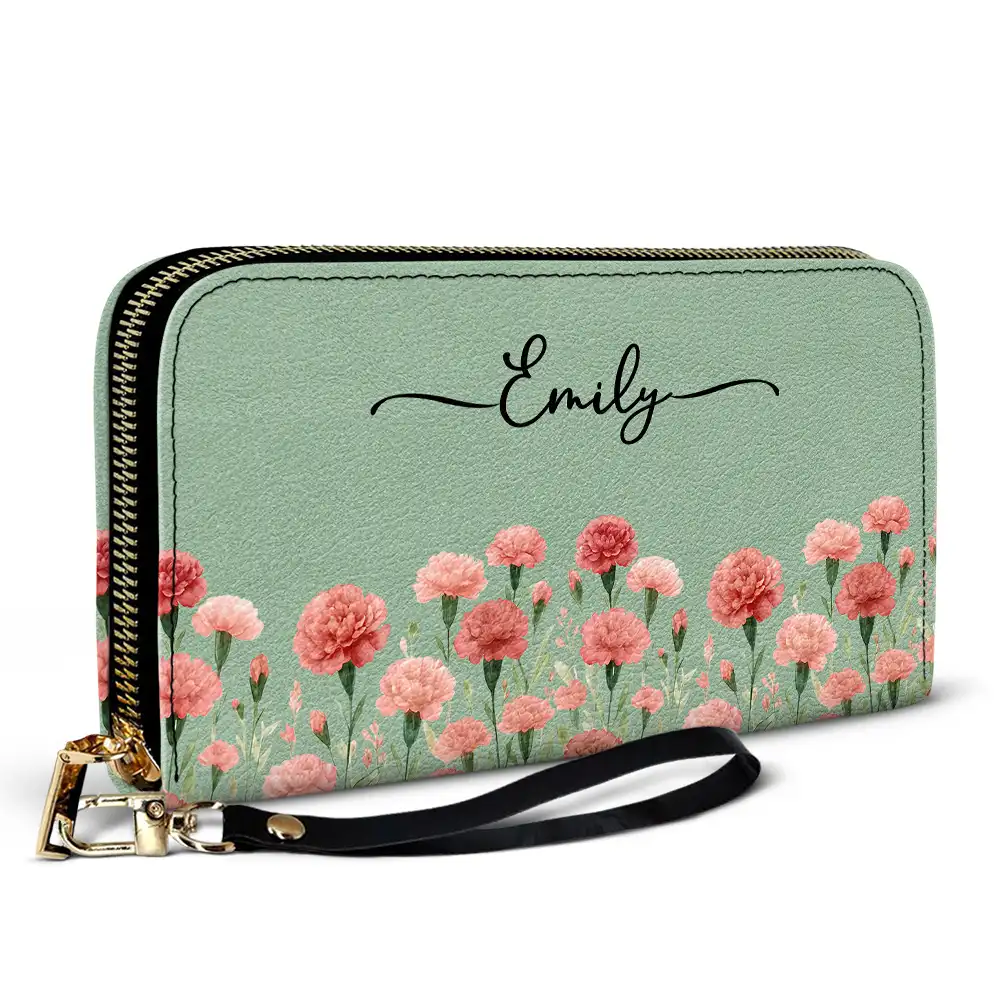 Birth Month Flower Watercolor Blooming In Love - Personalized Leather Long Wallet - Image 2