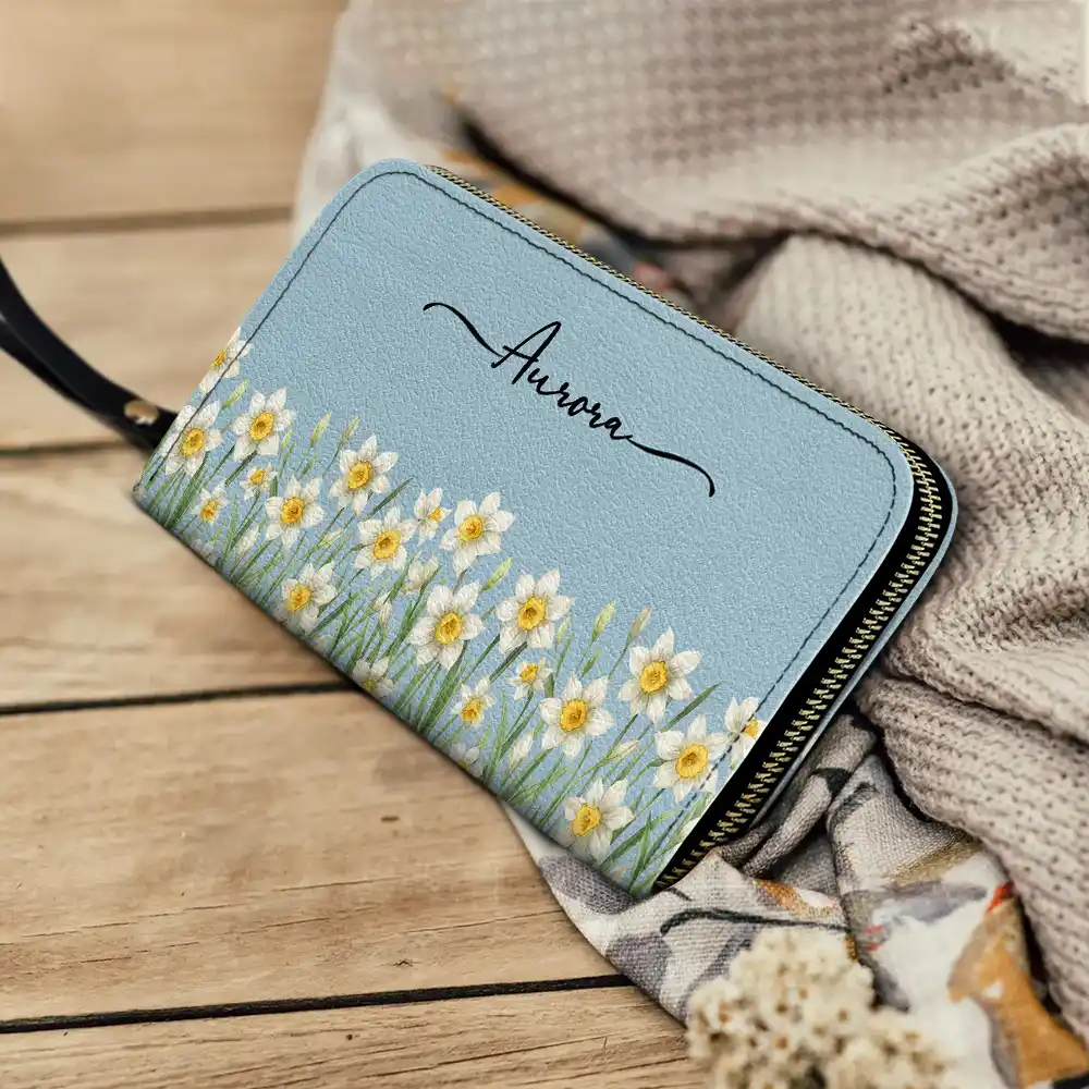 Birth Month Flower Watercolor Blooming In Love - Personalized Leather Long Wallet - Image 4
