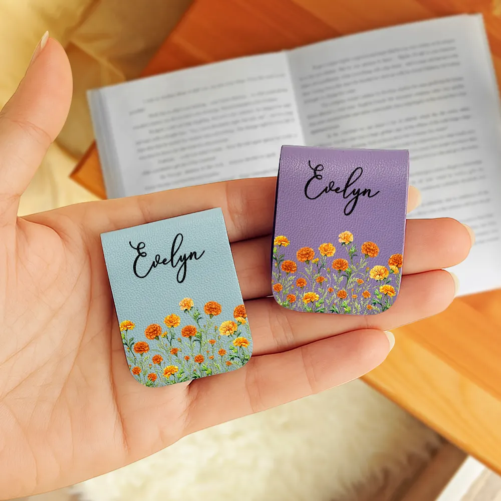 Birth Month Flower Watercolor Blooming In Love - Personalized Leather Magnetic Bookmark - Image 2