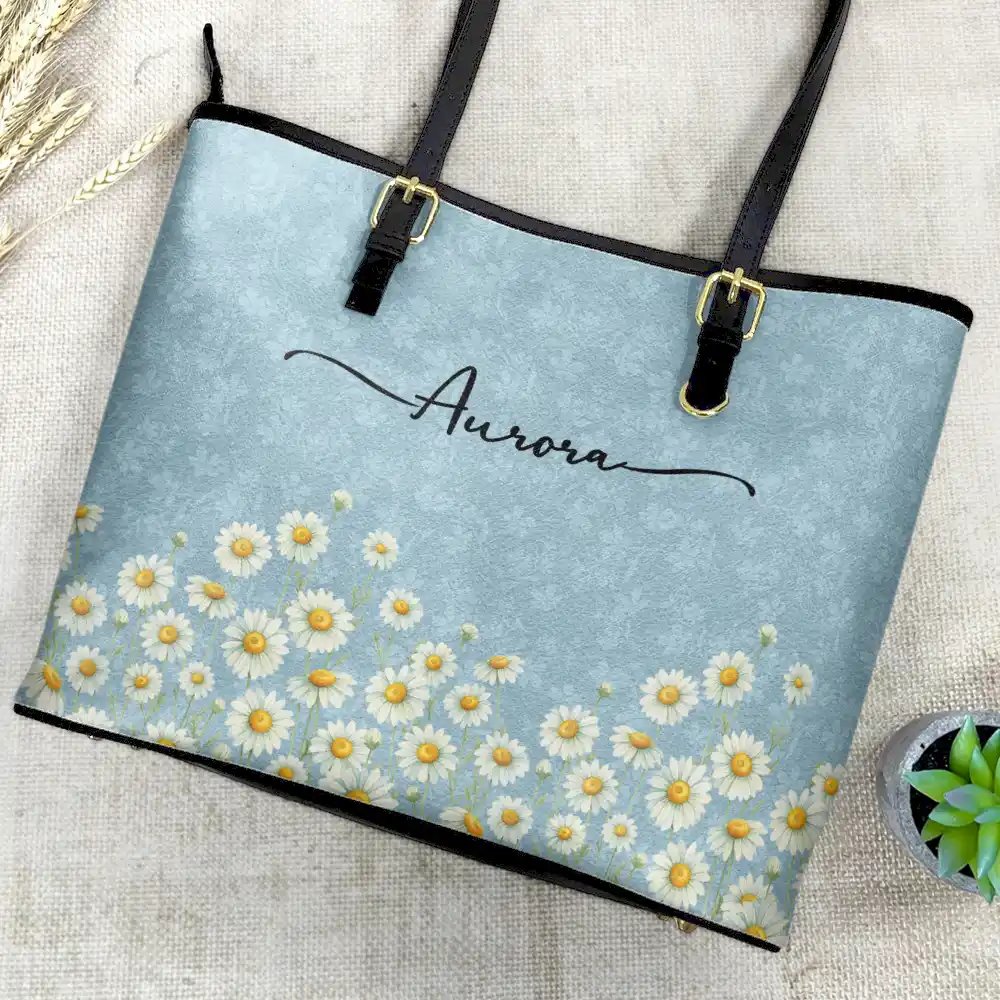 Birth Month Flower Watercolor Blooming In Love - Personalized Leather Tote Bag - Image 4