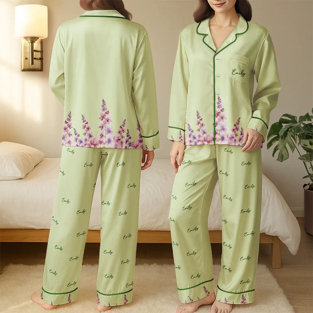 Birth Month Flower Watercolor Blooming In Love - Personalized Satin Pajama Set - Image 3