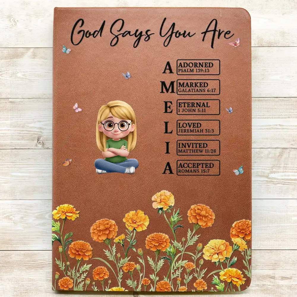 Birth Month Flower Watercolor God Says I Am - Personalized Leather Journal - Image 3