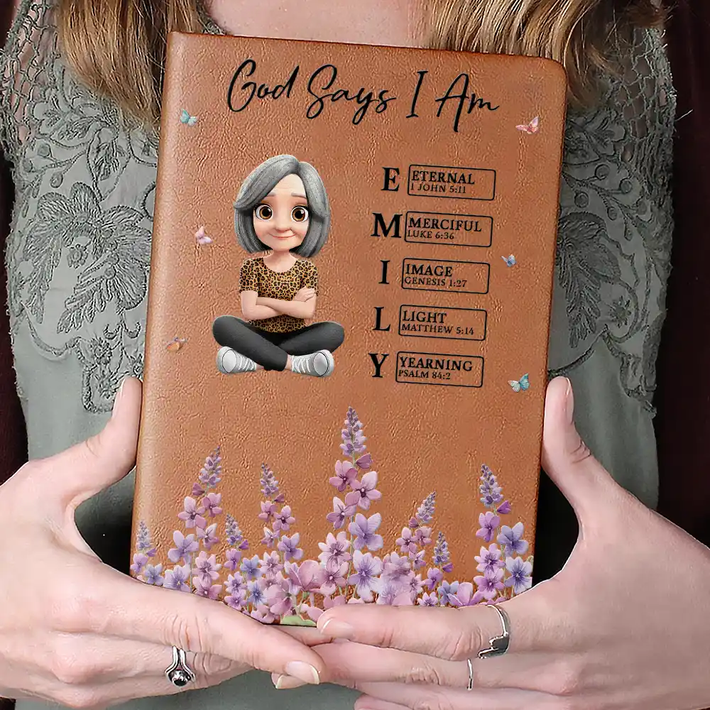 Birth Month Flower Watercolor God Says I Am - Personalized Leather Journal - Image 4