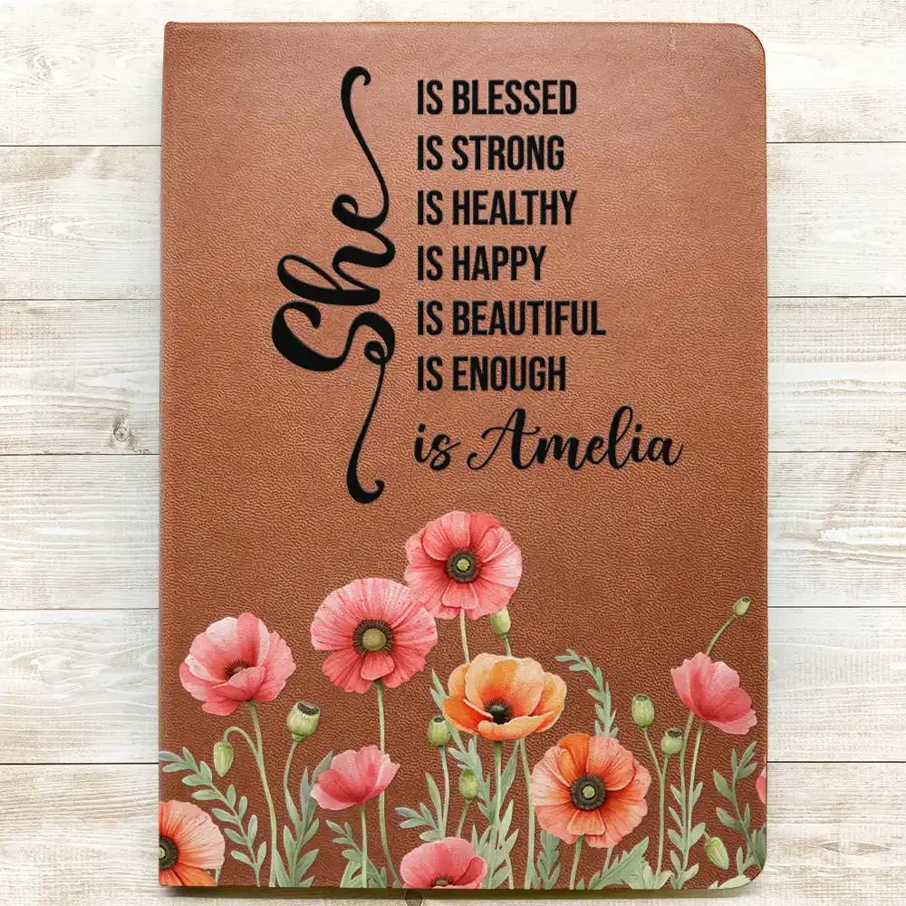 Birth Month Flower Watercolor She Is Blessed She Is Strong - Personalized Leather Journal - Image 3