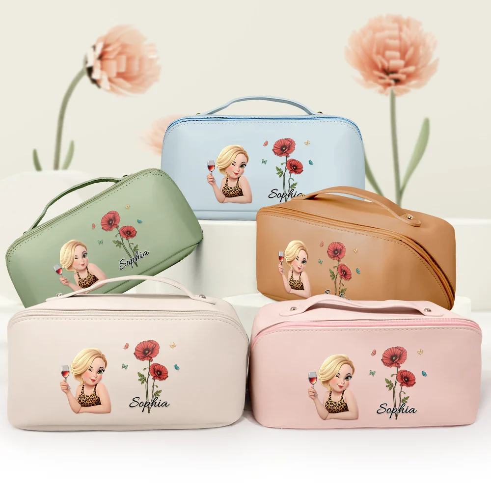 Birth Month Flower With Name Fancy Girl Woman - Personalized Leather Makeup Bag - Image 3