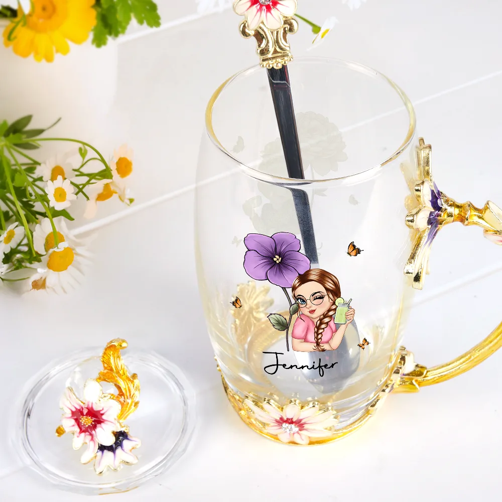 Birth Month Flower Woman - Personalized Glass Flower Tea Cup - Image 2